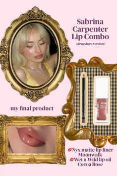 Recreated a Sabrina Carpenter Lip Combo! Really surprised by how this turned out considering everything i used was drugstore and turned out to be $11!!💋 Sabrina Carpenter Lipstick, Sabrina Carpenter Makeup Products, Sabrina Carpenter Lips, Sabrina Carpenter Lip Combo, Sabrina Carpenter Makeup Tutorial, Lip Combos Drugstore, Drugstore Lip Combos, Lip Liner Combo, Sabrina Carpenter Makeup