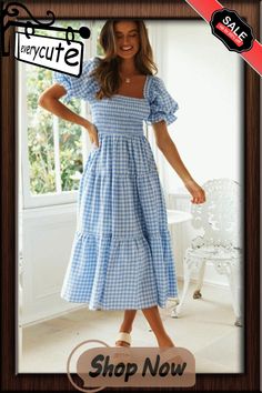 Elegant Fashion Women Summer Dress Plaid Dress New Casual Square Neck Short Puff Sleeves Elastic High Waist Long Dress Square Neck Dress With Ruffle Hem For Picnic, Fitted Puff Sleeve Midi Dress For Vacation, Spring Picnic Dresses With Puff Sleeves, Spring Smock Dress With Square Neck, Spring Picnic Puff Sleeve Dresses, Casual Smocked Square Neck Dress, Spring Non-stretch Dresses With Puff Sleeves, Casual Smock Dress With Square Neck, Spring Puff Sleeve Non-stretch Dress