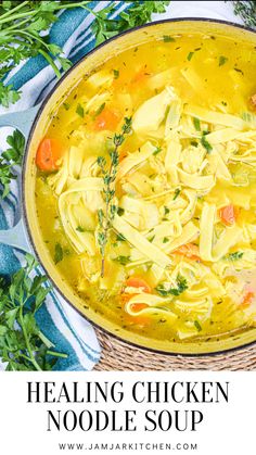 Pot of chicken noodle soup Chicken Noodle Soup With Turmeric, Healing Chicken Noodle Soup, Healing Chicken Soup, Chicken Soup Recipes Homemade, Healing Soup, Homemade Chicken Soup, Chicken Noodle Soup Easy, Chicken Ideas, Jar Kitchen