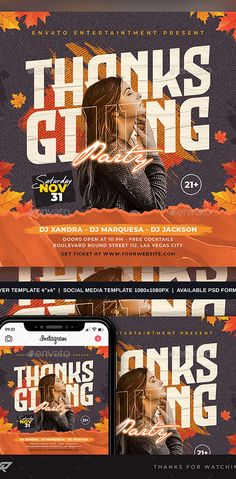 the thanksgiving flyer is shown with an image of a woman in black and orange leaves