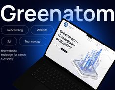 a laptop computer with the words greenaton on it's screen and an image of blue