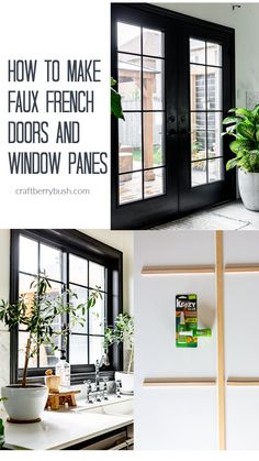 the interior of a house with black doors and windows, plants in potted planters