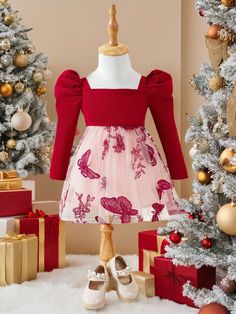 1pcs Babygirl Cute Fashion Knit Patchwork Net Yarn Embroidered Long Sleeve Christmas Dress, Party Outfit Red   Long Sleeve Knitted Fabric Colorblock,Plants,Butterfly A Line High Stretch  Baby Girls Clothing, size features are:Bust: ,Length: ,Sleeve Length: Knit Patchwork, Long Sleeve Embroidered Dress, Formal Wear Dresses, Long Sleeve Dress Formal, Women Crew Socks, Flutter Sleeve Dress, Cosplay Dress, Knit Fashion, Christmas Dress