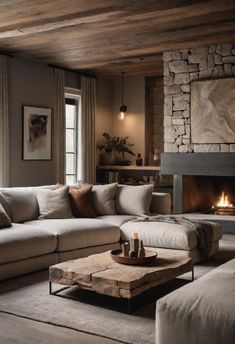 a living room filled with furniture and a fire place next to a couch in front of a fireplace