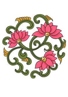 a drawing of pink flowers with green leaves on it's sides and an intricate design in the middle