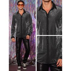 Shining texture fabric creates a sparkling and reflective surface, adding a touch of glamour to your outfit. The shirts can ce styled with jeans, punk pants for a versatile and trendy outfit. Sparkle dress shirts can be worn for casual outings, parties, or even as part of a performance costume. Great gift for your friend, boyfriend, and your father. Black Party Shirt For Winter, Glam And Glits Outfit Men, Winter Party Black Shirt, Slim Fit Party Shirt For Fall, Fitted Shirt For Winter Party, Fitted Winter Party Shirt, Winter Party Fitted Shirt, Fall Party Shirt With Sequins, Long Sleeve Shirt For Night Out Party Season