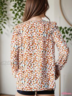 Qteee - Vintage High Neck Loose Fit Blouse with Print, Bubble Sleeves - Casual Shirt Fall Brunch Blouse With Crew Neck, Crew Neck Blouse For Fall Brunch, Fall Crew Neck Blouse For Brunch, Spring Long Sleeve Blouse With All Over Print, Orange Printed Long Sleeve Blouse, Orange Printed Long Sleeve Tops, Orange Long Sleeve Printed Tops, Multicolor Tops For Fall Brunch, Multicolor Fall Tops For Brunch