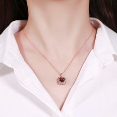 Dazzling stones are always an excellent choice and she'll absolutely adore this delightful pendant. Crafted in rose gold tone sterling silver, this necklace features a cushion cut center stone wrapped in a luxurious halo, which glistens with round stones and adorned with milgrain detailing. Dainty and shimmering, this necklace is sure to cherish.Carat Weight: 4 ctStone Shape: CushionStone Size: 8*8 mmStone Type: Jeulia® StoneNumber of Stones: 1 Stone Color: ChocolateCarat Weight: 1.7 ctStone Sha Rose Gold Sterling Silver Square Pendant Jewelry, Rose Gold Square Pendant Jewelry In Sterling Silver, Elegant Cushion Cut Rose Gold Jewelry, Rose Gold Square Pendant Necklace For Anniversary, Elegant Rose Gold Cushion Cut Jewelry, Cushion Cut Rose Gold Fine Jewelry, Rose Gold Cushion Cut Fine Jewelry, Fine Jewelry Rose Gold Necklace With Square Pendant, Formal Rose Gold Square Pendant Jewelry