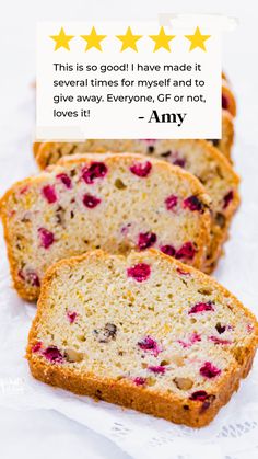 Gluten Free Cranberry Orange Bread is a delicous and moist quick bread recipe. It's easy to make and it's the perfect bread to enjoy for breakfast, snack, or for holidays like Thanksgiving or Christmas. The fresh cranberries pair well with the orange zest and orange extract for the perfect balance of sweet and tart flavor. It makes a great edible gift too! Gluten free bread recipe from @whattheforkblog - visit whattheforkfoodblog.com for more easy gluten free baking recipes. Orange Quick Bread, Gluten Free Baking Recipes, Gluten Free Bread Recipe, Gluten Free Fall Recipes, Quick Bread Recipe, Orange Extract