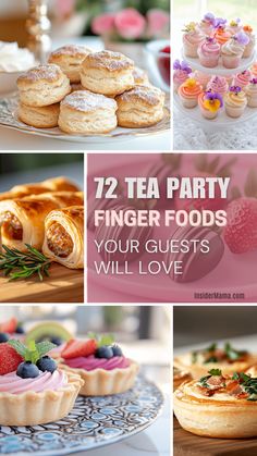 tea party finger foods and desserts with text overlay