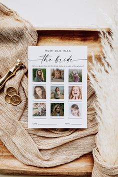 the bride's photos are displayed on top of a wooden frame with gold scissors