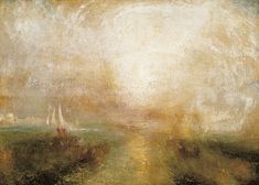 a painting with boats on the water and fog