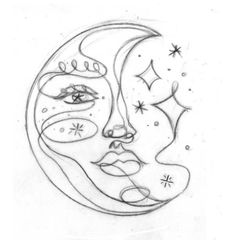 a drawing of the face of a woman with stars on her forehead and moon behind it