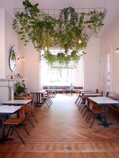 an empty restaurant with tables and chairs covered in plants hanging from the ceiling above them