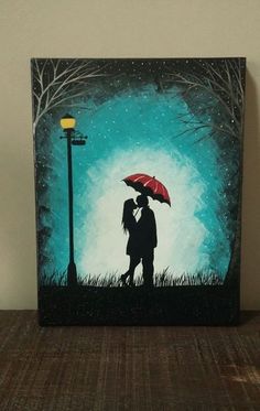 a painting of two people under an umbrella in the night with trees and street lights