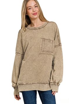 Zenana French Terry Acid Wash Raw Edge Front Pocket Pullover Acid Wash Tops With Pockets For Fall, Cozy Washed Relaxed Fit Sweatshirt, Acid Wash Tops For Fall Loungewear, Trendy Relaxed Fit Sweater With Pockets, Casual Long Sleeve Distressed Sweater, Acid Wash Relaxed Fit Sweatshirt For Loungewear, Relaxed Fit Acid Wash Sweatshirt For Loungewear, Casual Acid Wash Soft-washed Sweatshirt, Oversized Acid Wash Sweatshirt