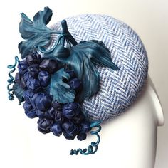 This simple but elegant button hat has been made using the iconic Harris Tweed in herringbone pattern. A stylised bunch of leather grapes  adds an elegant seasonal touch to it at the same time softening the edge of the hat. * The hat is ready to ship * The Harris Tweed hat has been hand blocked * The hat attaches with millinery elastic * The diameter of the mini beret is about 16 cm * The leather grapes and leaves are made completely from scratch * The base can be made in other colours of tweed Silk Flowers Tutorial, Leather Flower Tutorial, Fascinator Hats Outfit, Bride Winter, Hair Circlet, Third Wedding Anniversary, Fascinator Hats Wedding, Winter Cocktail, Tweed Hat