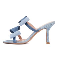 Textured double bow accents enhance our Dailila slide sandal as feminine finishing touches. With a timeless stiletto design, it's the perfect complement to a special-occasion look. Blue Bow Sandals For Spring, Blue Open Toe Heels With Bow, Spring Denim Sandals With Buckle Closure, Denim Sandals With Buckle Closure For Spring, Denim Blue Open Heel Sandals For Summer, Denim Blue Sandals For Spring, Denim Open Toe Sandals For Party, Chic Denim Sandals For Spring, Chic Denim Blue Open Toe Sandals