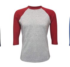 Red and gray 3/4 length, raglan t-shirt, 95% cotton, 5% spandex.  very nice quality shirt, great for use with white toner prints or vinyl. Kids Tank Tops, Tank Top Dress, Raglan Shirts, Raglan Tee, Navy Gray, Red And Grey, Gray Green, Kids Tops, Printed Tees