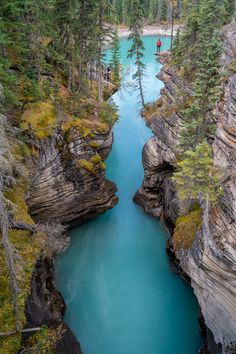 a river flowing through a lush green forest filled with tall rocks and trees on either side