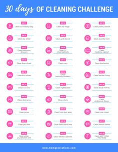 the 30 days of cleaning challenge is shown in pink and blue with text overlay