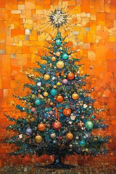 a painting of a christmas tree on an orange background with gold and blue ornaments around it