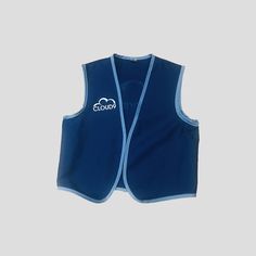 a blue vest with an embroidered logo on the front and back, sitting against a white background