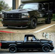 two pictures of the same black pickup truck