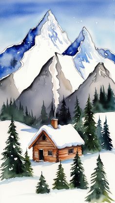 Escape to a winter wonderland with this enchanting watercolor painting. Featuring a cozy wooden cabin nestled amidst snow-covered mountains and pine trees, this serene artwork captures the beauty and tranquility of a snowy retreat. Perfect for lovers of winter landscapes and rustic charm, this pin is sure to inspire seasonal creativity and wonder. Snowy Mountains Painting, Snowy Mountain Painting, Winter Landscape Watercolor, Watercolor Winter Landscape, Serene Artwork, Winter Scene Paintings, Mountains Watercolor, Cozy Winter Cabin, Wooden Cabin