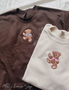 "Embroidered Teddy Bear Sweatshirt! -Embroidered on a cotton/polyester blend crewneck sweatshirt, this design is simple and minimalistic, perfect for every outfit! -Embroidery design measures 2.25\" x 3.5\". -See product pictures for shirt sizing chart. **SWEATSHIRTS ARE IN UNISEX SIZING AND RUN TRUE TO SIZE. -All sweatshirts are handmade on an embroidery machine so there may be slight differences, but we only sell the sweatshirts that meet our high-quality standards. -To maintain the quality of your sweatshirt and the embroidery design make sure to wash with care. We recommend turning the item inside out and using a cold wash and delicate cycle. We highly recommend air drying when possible as well. -Please feel free to reach out with any additional questions, customization requests, etc. Teddy Bear Sweatshirt, Horse Sweatshirts, Halloween Tee Shirts, Bear Sweatshirt, Embroidery Hoodie, Shirt Embroidery, Cute Sweatshirts, Embroidered Sweatshirts, Cute Sweaters