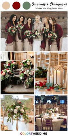 a collage of photos with flowers and greenery in the center, two women standing next to each other