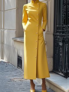 Elegant Maxi Dress, Dress 2024, Solid Color Dress, Maxi Dress Evening, Lemon Blueberry, Dress Shirts For Women, Women Maxi, Long Sleeve Maxi, Collar Dress