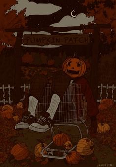 a person sitting in a shopping cart with pumpkins all around them on the ground