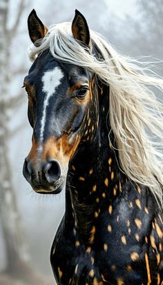 a black and brown horse with long blonde hair on it's head standing in front of trees