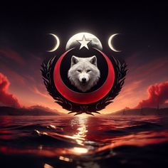 an image of a wolf with the moon and stars on it's face over water