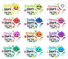 baby shark stickers with the words, daddy shark and grandma shark in different colors