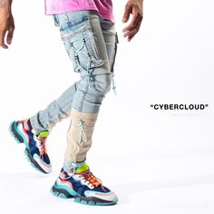 ⛈️ "CYBERCLOUD" cargo jeans feature a sky blue wash with slight fading. Multiple cargo pockets with button closure. Diamond blue string fastening details throughout. Faded Denim Cargo Jeans For Streetwear, Light Wash Cargo Jeans For Streetwear, Light Wash Cargo Style Jeans For Streetwear, Distressed Blue Urban Cargo Jeans, Blue Distressed Urban Cargo Jeans, Urban Style Distressed Blue Cargo Jeans, Urban Distressed Denim Cargo Jeans, Distressed Medium Wash Denim Cargo Pants, Urban Style Medium Wash Cargo Jeans