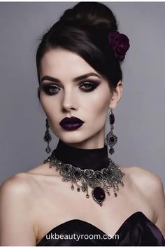 Dark Plum Lipstick Makeup, Gothic Hair And Makeup, Punk Wedding Makeup, Classy Vampire Makeup, Dramatic Stage Makeup, Vampire Wedding Makeup, Victorian Halloween Makeup, Goth Queen Makeup, Victorian Makeup Aesthetic