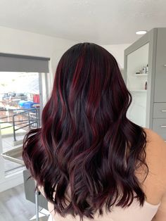 res highlights on dark hair Brown With Red Tones Hair, Hair Inspo Red Highlights, Asian Red Highlights Dark Hair, Dark Red And Dark Brown Hair, Black Into Red Hair, Red And Black Hair Highlights, Dark Cherry Red Highlights, Dark Brown Hair With Cherry Cola Highlights, Black With Dark Red Highlights