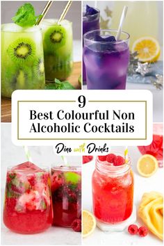 Collage of 4 colourful non alcoholic cocktails. Best Non Alcoholic Drinks, Easy Mocktail Recipes, Alcholic Drinks, Alcohol Free Drinks, Drink Recipes Nonalcoholic, Colorful Drinks, The Hangover, Non Alcoholic Cocktails