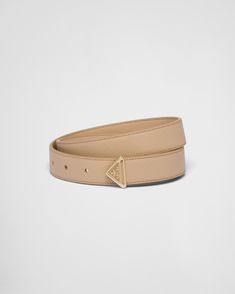 White Belt, Triangle Logo, Sand Beige, Metal Buckles, Italian Leather