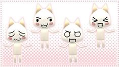 four white cats with different expressions on their faces and ears, standing in front of a pink checkered background