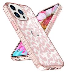 an iphone case with a pink leopard print on the front and back cover in clear