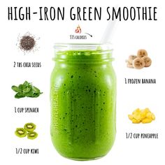 a green smoothie in a mason jar with information about the ingredients and how to use it