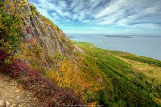 a scenic view from the top of a mountain with colorful foliage and water in the background