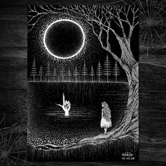 a black and white drawing of a person standing in front of a tree with the moon above