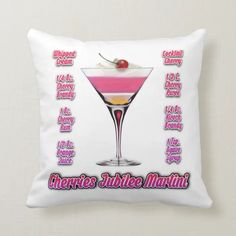 a pink and white cocktail pillow with the names of different drinks on it's side