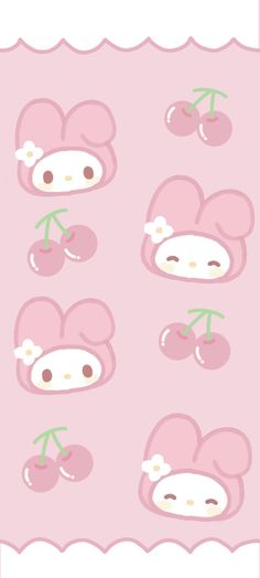 a pink background with cherries on it and the words hello kitty written in white