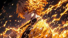 an anime character with orange hair and black eyes, standing in front of bright flames