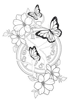 a clock with butterflies and flowers on the front, in black and white coloring pages